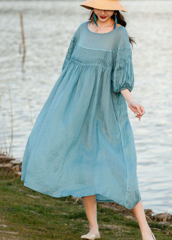 Blue O Neck Wrinkled Patchwork Linen Dresses Summer