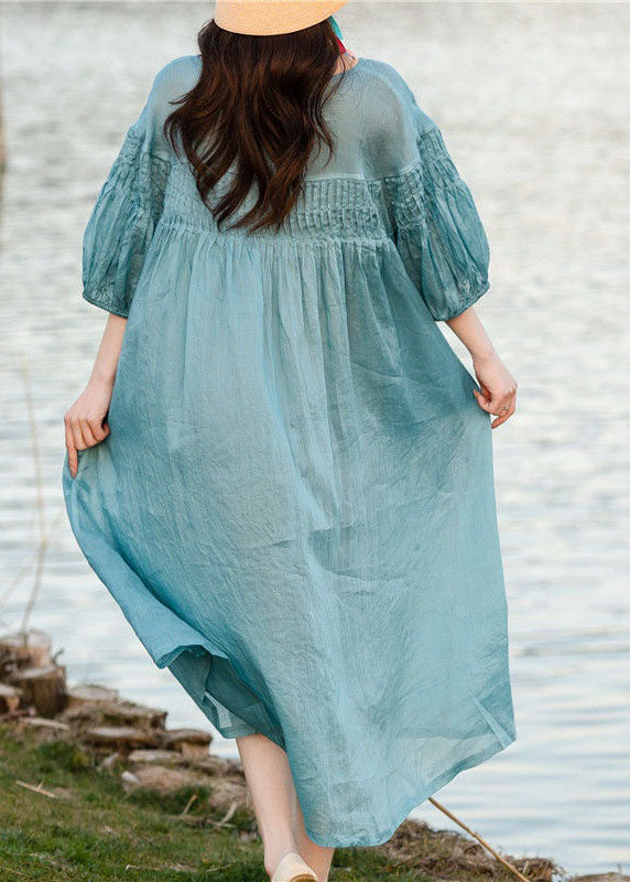 Blue O Neck Wrinkled Patchwork Linen Dresses Summer
