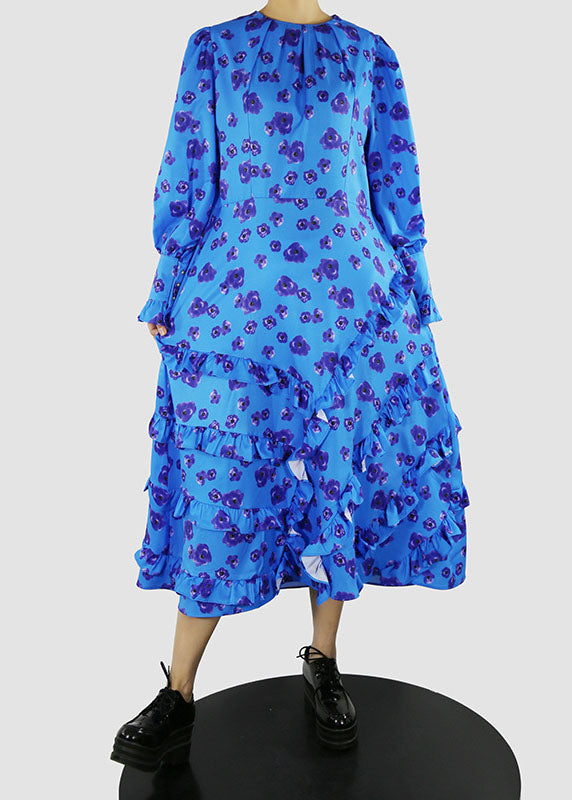 Blue O-neck Tie Waist Ruffled Print Dress Spring