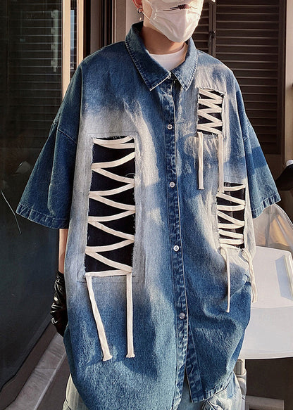 Blue Original Design Patchwork Shirts Half Sleeve