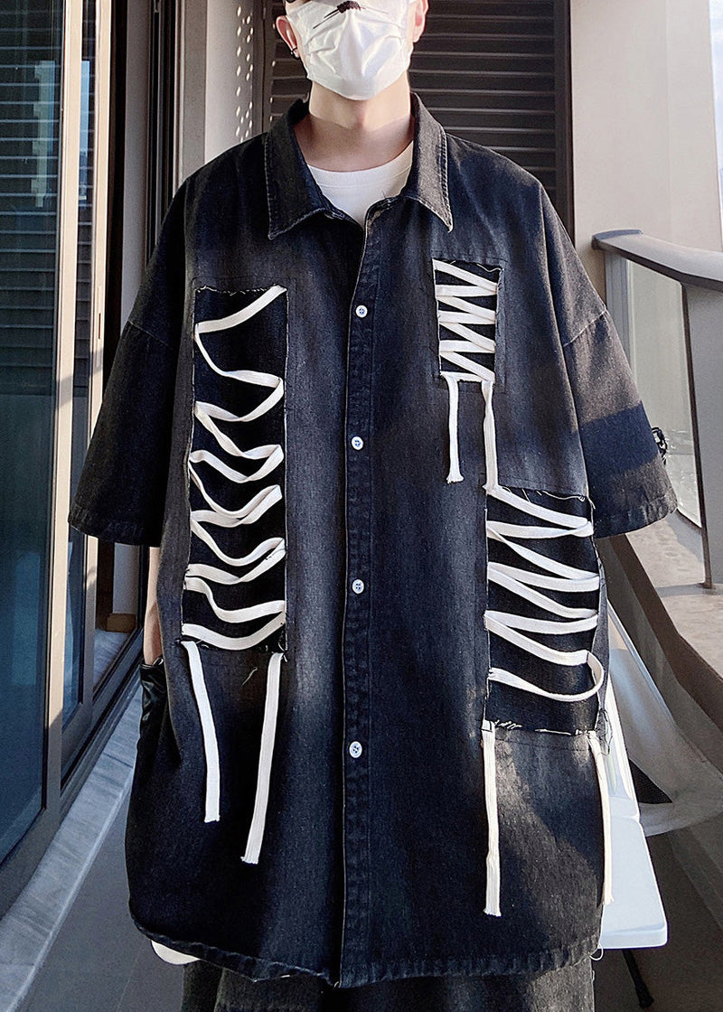 Blue Original Design Patchwork Shirts Half Sleeve