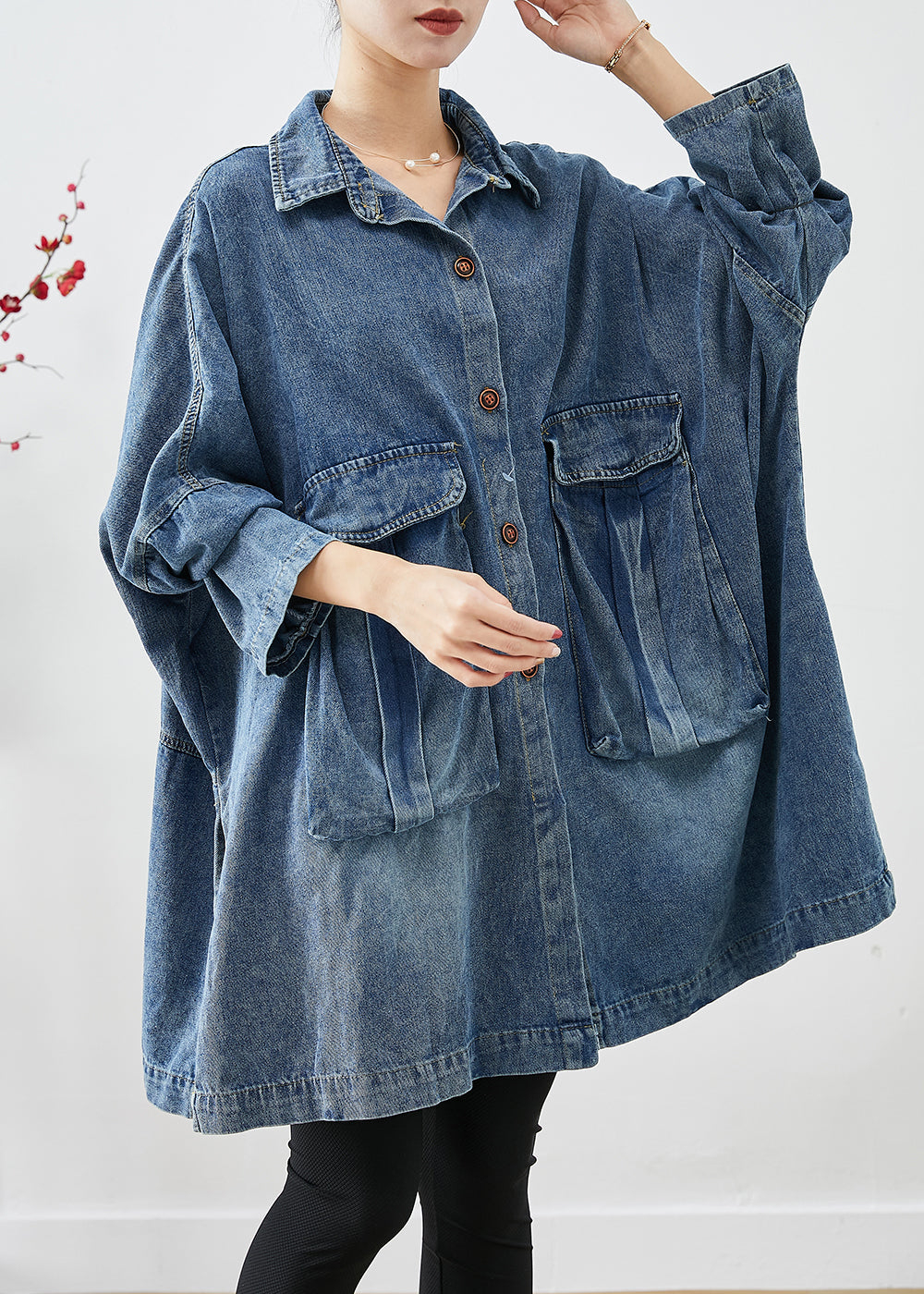 Blue Oversized Big Pockets Denim Coats Fall