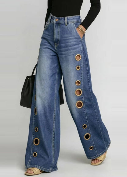 Blue Oversized Hollow Out Denim Wide Leg Pants Fall