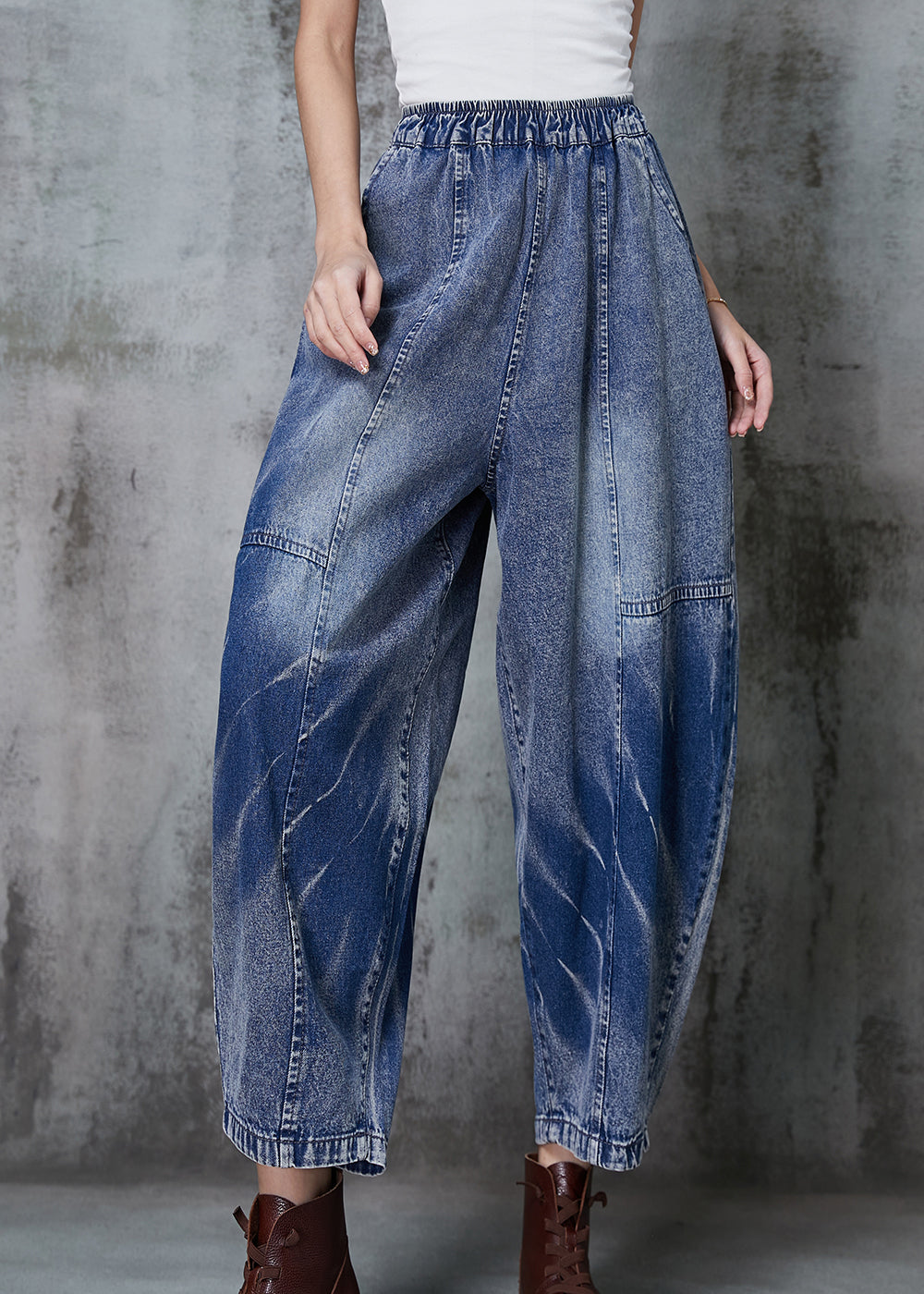 Blue Oversized Patchwork Denim Crop Pants Spring