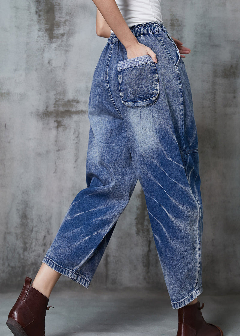 Blue Oversized Patchwork Denim Crop Pants Spring