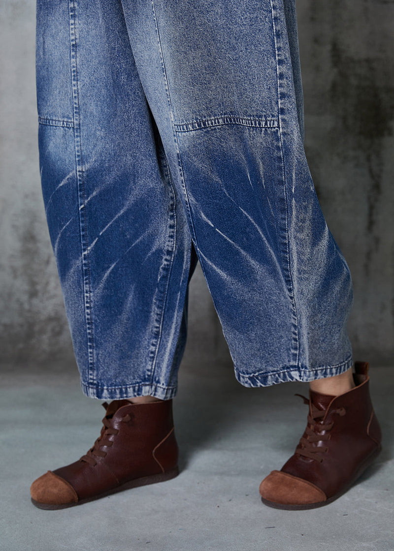 Blue Oversized Patchwork Denim Crop Pants Spring