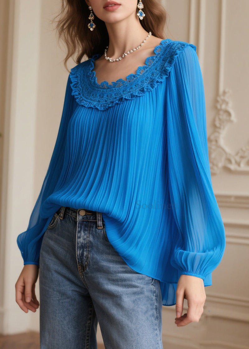 Blue Oversized Patchwork Wrinkled Chiffon Blouses Spring