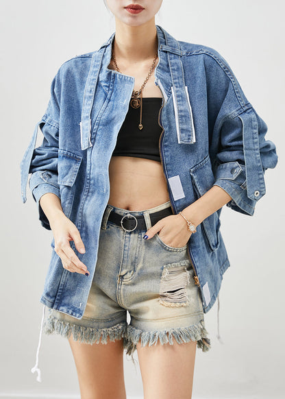 Blue Oversized Pockets Denim Coat Fall