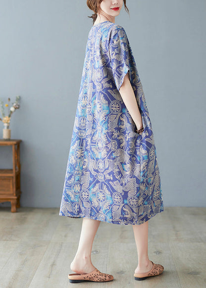 Blue Oversized Print Cotton Beach Dress Summer