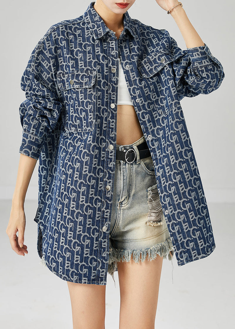 Blue Oversized Print Denim Coat Outwear Fall