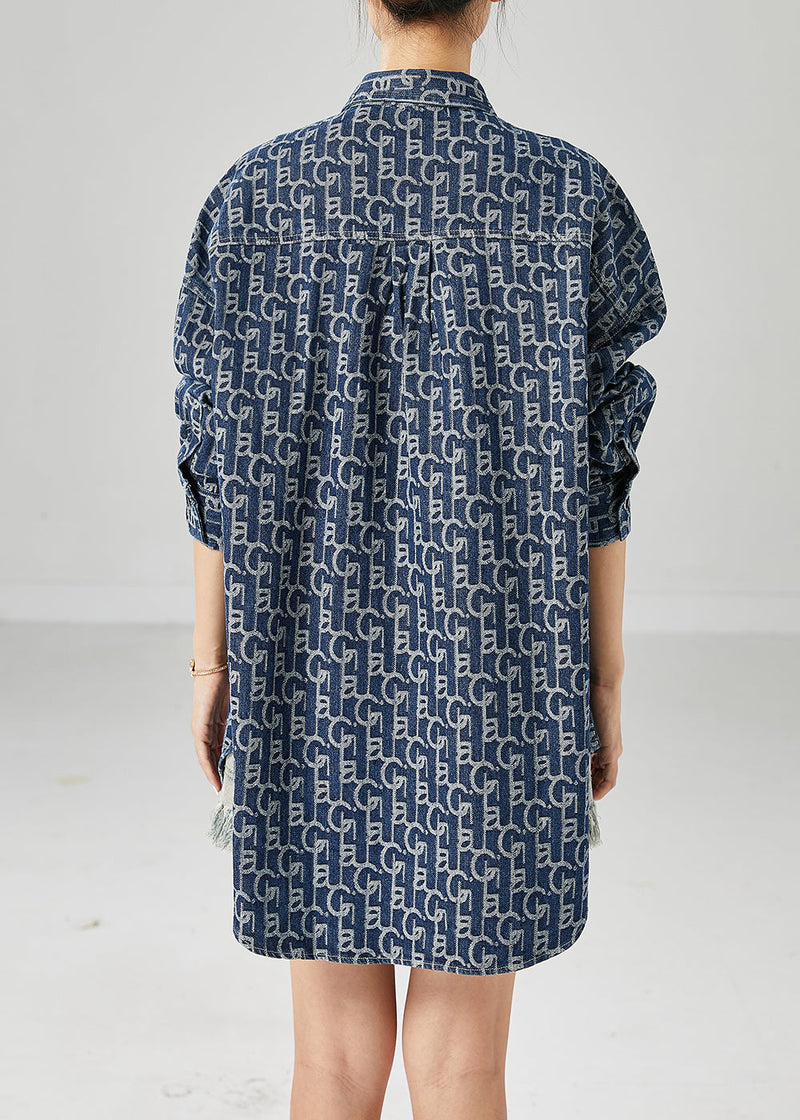 Blue Oversized Print Denim Coat Outwear Fall