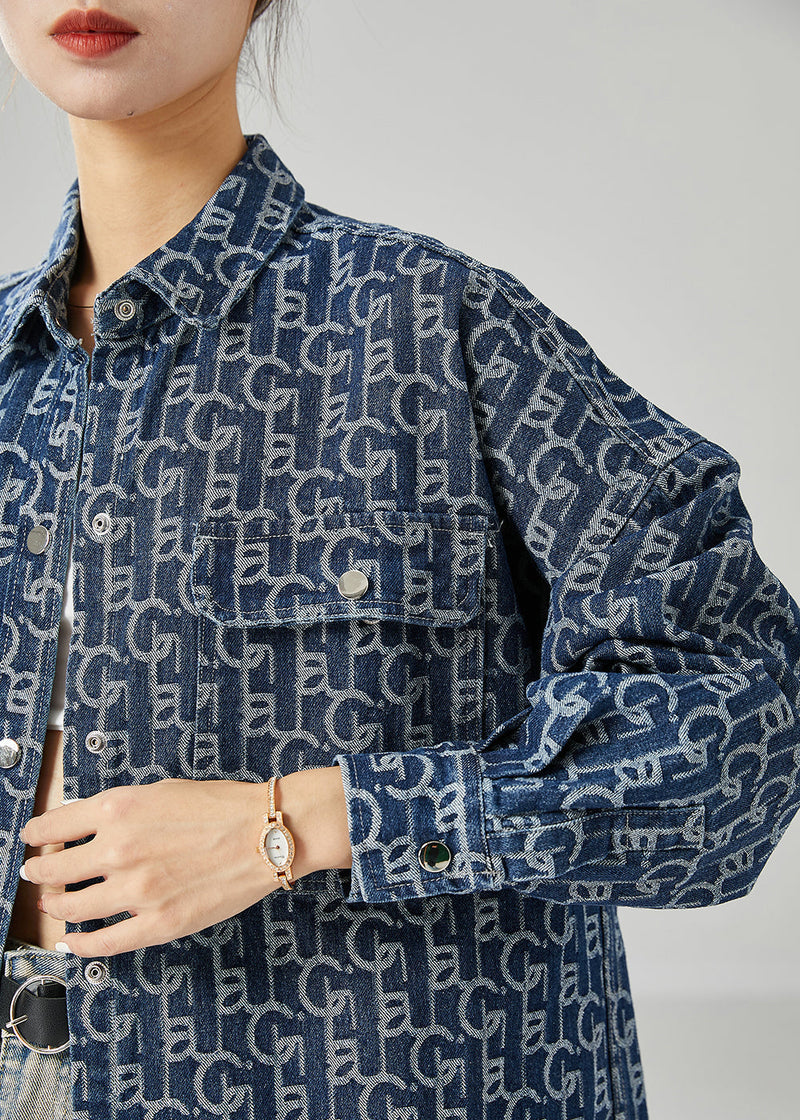 Blue Oversized Print Denim Coat Outwear Fall