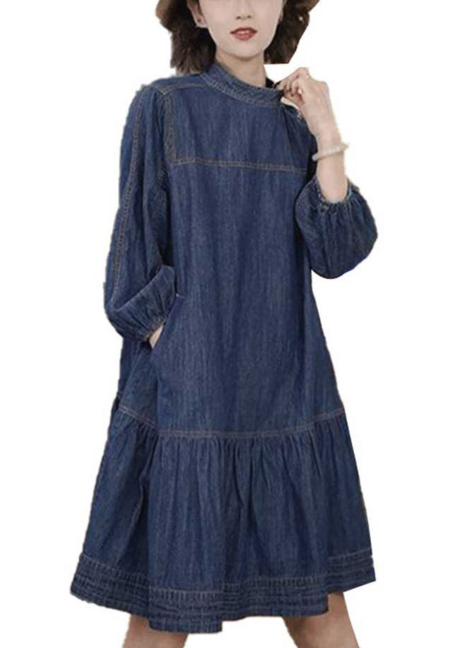 Blue Patchwork Wrinkled Denim Mid Dresses Long Sleeve