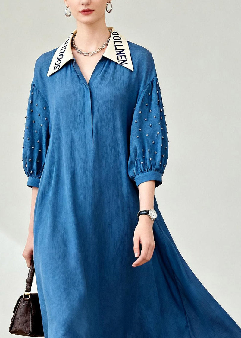 Blue Peter Pan Collar Patchwork Long Dress Lanter Sleeve