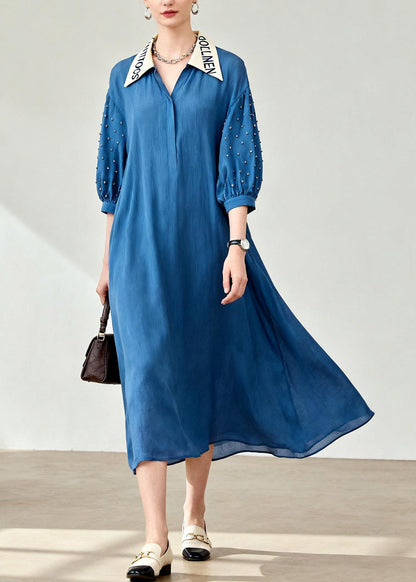 Blue Peter Pan Collar Patchwork Long Dress Lanter Sleeve