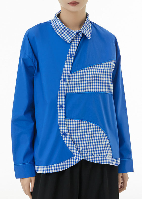 Blue Peter Pan Collar Patchwork Plaid Cotton Shirts Spring