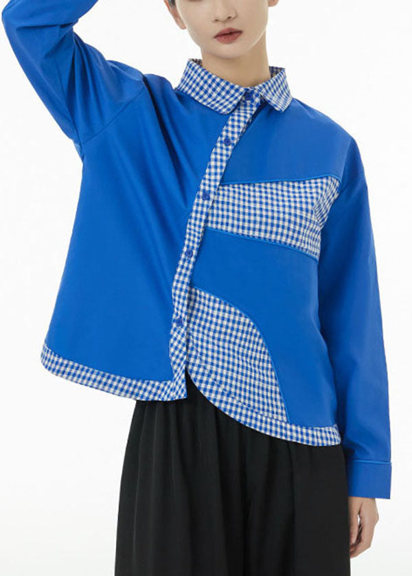 Blue Peter Pan Collar Patchwork Plaid Cotton Shirts Spring