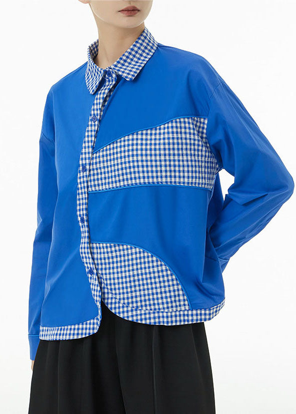 Blue Peter Pan Collar Patchwork Plaid Cotton Shirts Spring