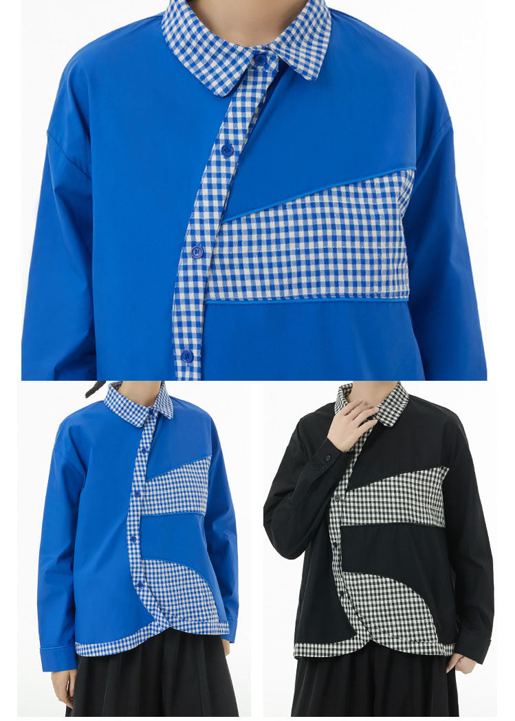 Blue Peter Pan Collar Patchwork Plaid Cotton Shirts Spring