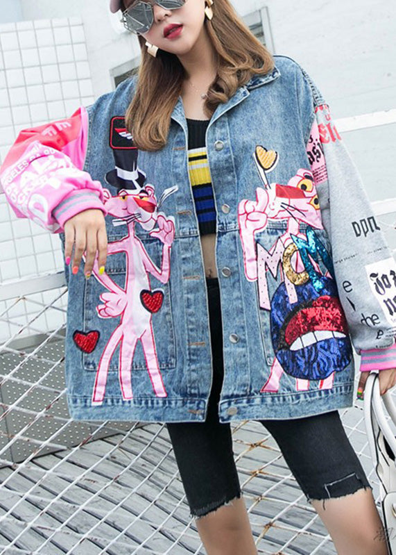Blue Peter Pan Collar Pink Leopard Print Patchwork Sequins Button Denim Coat Long Sleeve