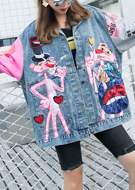 Blue Peter Pan Collar Pink Leopard Print Patchwork Sequins Button Denim Coat Long Sleeve