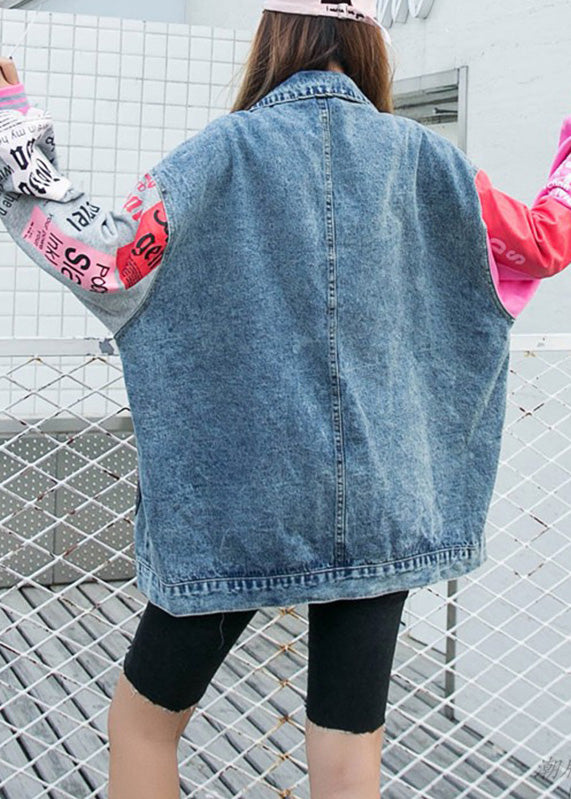 Blue Peter Pan Collar Pink Leopard Print Patchwork Sequins Button Denim Coat Long Sleeve