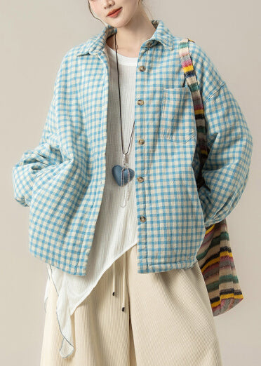 Blue Peter Pan Collar Plaid Cotton Filled Shirts Coats Winter