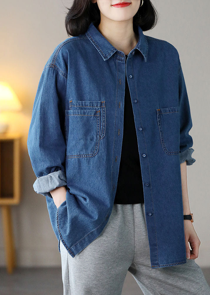 Blue Peter Pan Collar Pockets Cotton Denim Shirts Spring