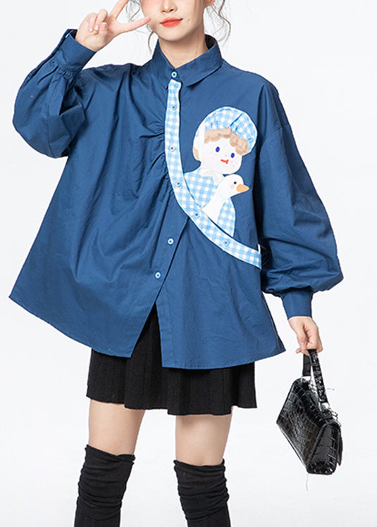 Blue Peter Pan Collar Print Button Cotton Shirts Long Sleeve