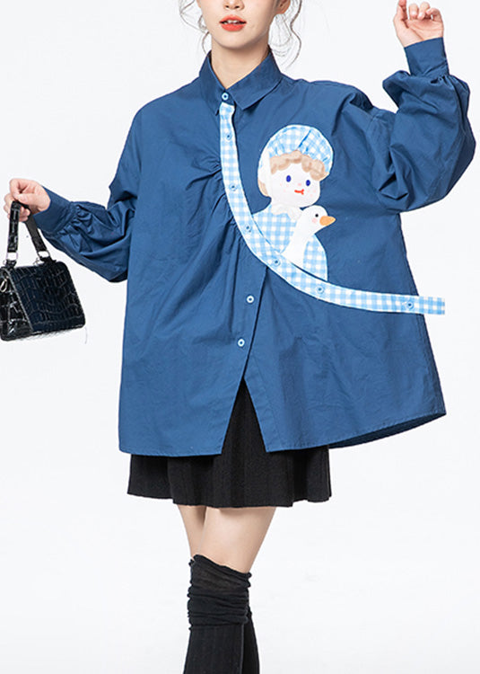 Blue Peter Pan Collar Print Button Cotton Shirts Long Sleeve