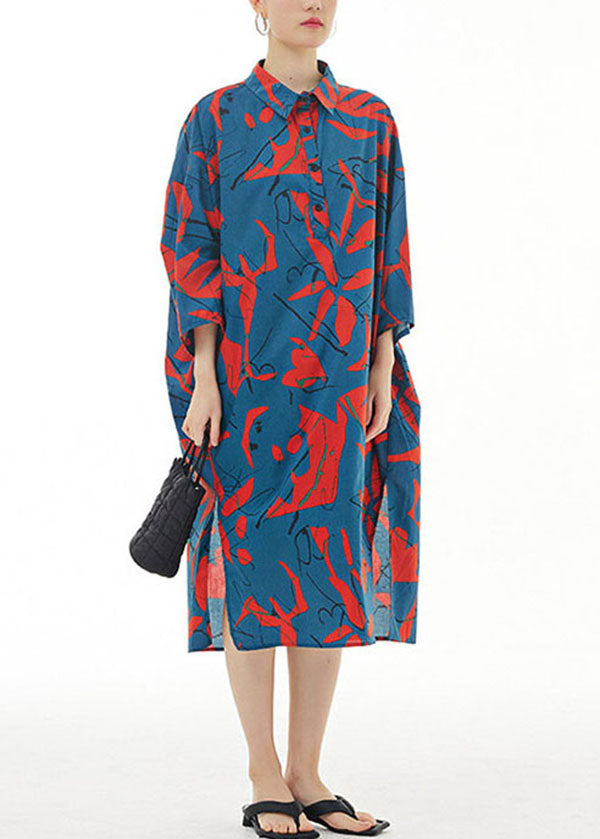 Blue Peter Pan Collar Print Patchwork Cotton Shirts Dress Spring
