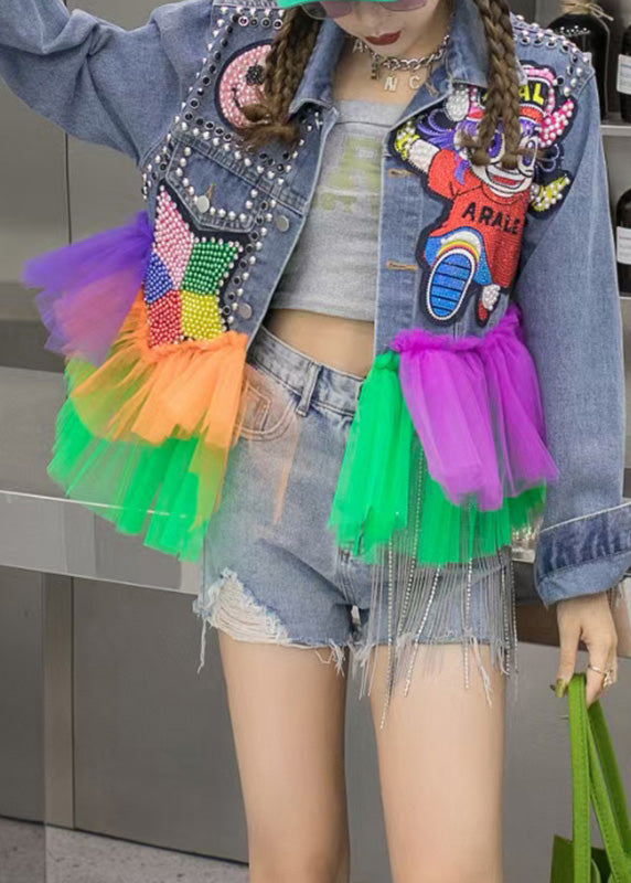 Blue Peter Pan Collar Sequins Denim Coats Long Sleeve