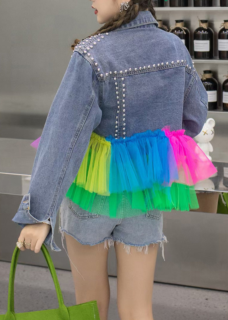 Blue Peter Pan Collar Sequins Denim Coats Long Sleeve