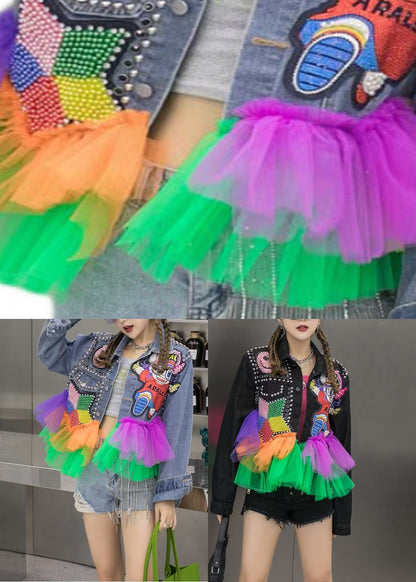 Blue Peter Pan Collar Sequins Denim Coats Long Sleeve