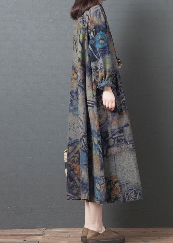 Blue Peter Pan Collar Pockets Print Cotton Party Dress Long Sleeve