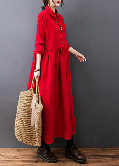 Blue Peter Pan Collar Wrinkled Corduroy Vacation Dresses Long Sleeve
