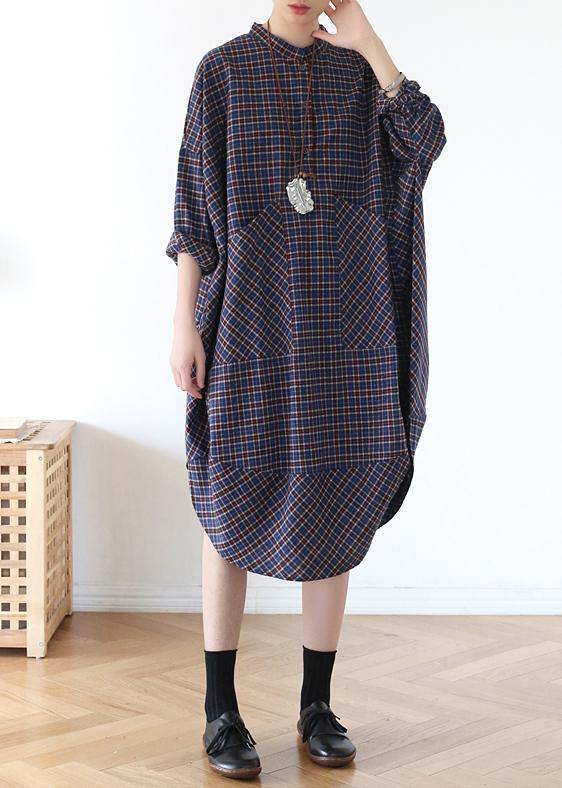Blue Plaid Cotton Long Shirt Button Spring Long Dresses