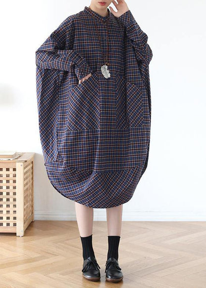 Blue Plaid Cotton Long Shirt Button Spring Long Dresses