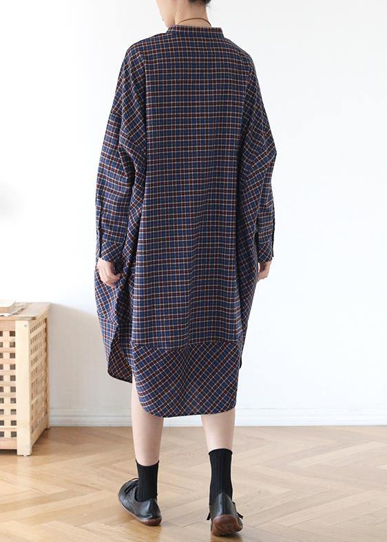 Blue Plaid Cotton Long Shirt Button Spring Long Dresses