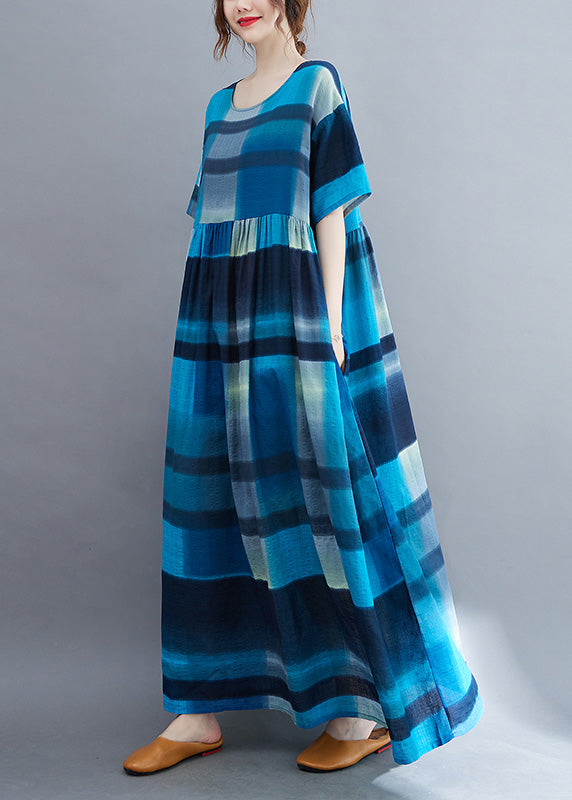 Blue Plaid O-neck Patchwork Maxi Dresses Summer