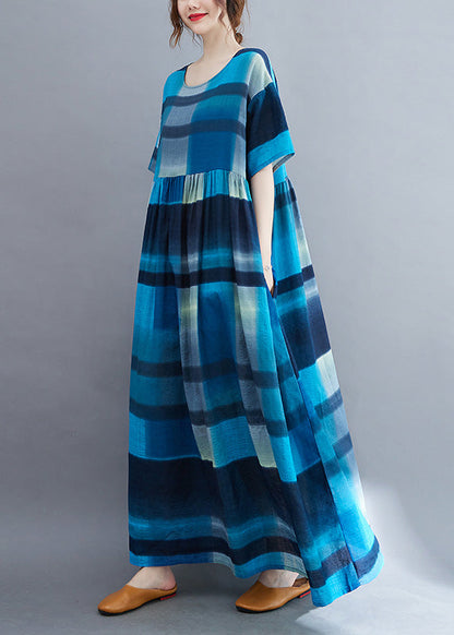 Blue Plaid O-neck Patchwork Maxi Dresses Summer