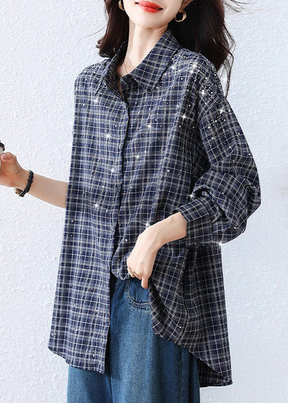 Plus Size Blue Plaid Rhinestone Cotton Blouse Tops Fall