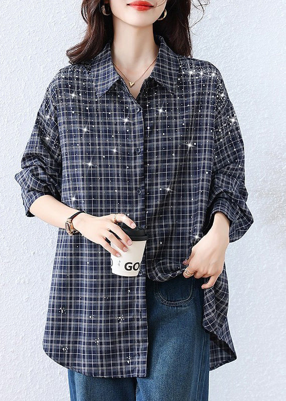 Blue Plaid Rhinestone Cotton Blouse Tops Fall