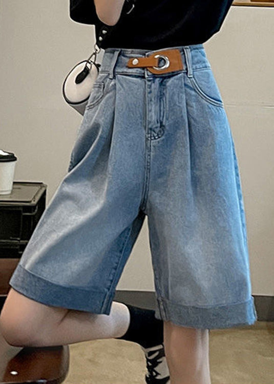 Blue Pockets Patchwork Sashes Shorts Summer