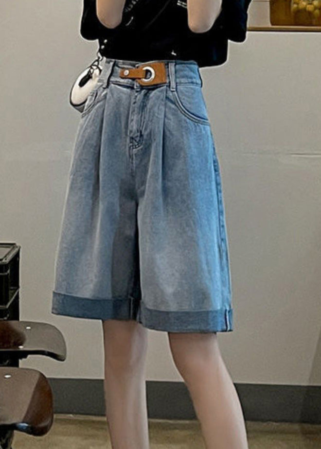 Blue Pockets Patchwork Sashes Shorts Summer