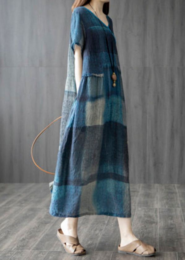 Blue Pockets V Neck Plaid Linen Vacation Dresses Short Sleeve