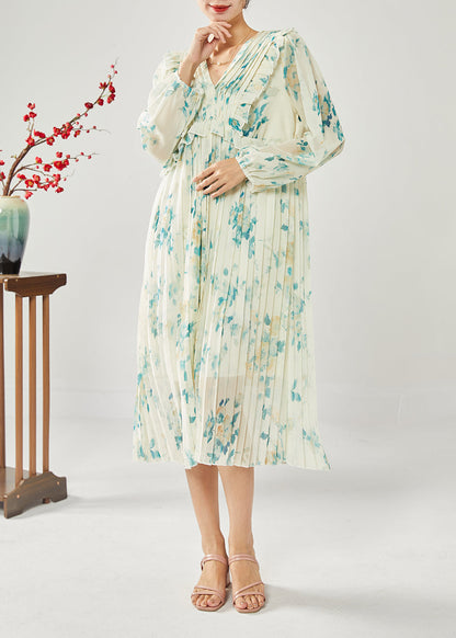 Blue Print Patchwork Ruffles Wrinkled Chiffon Long Dress Spring