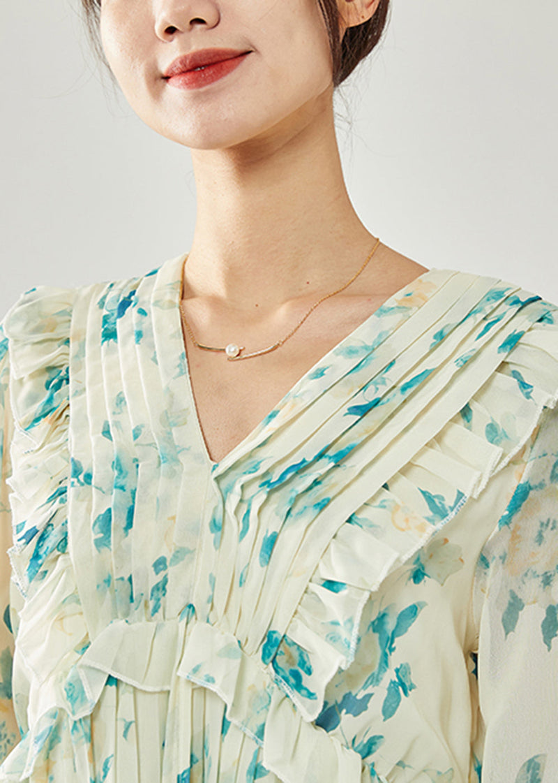 Blue Print Patchwork Ruffles Wrinkled Chiffon Long Dress Spring
