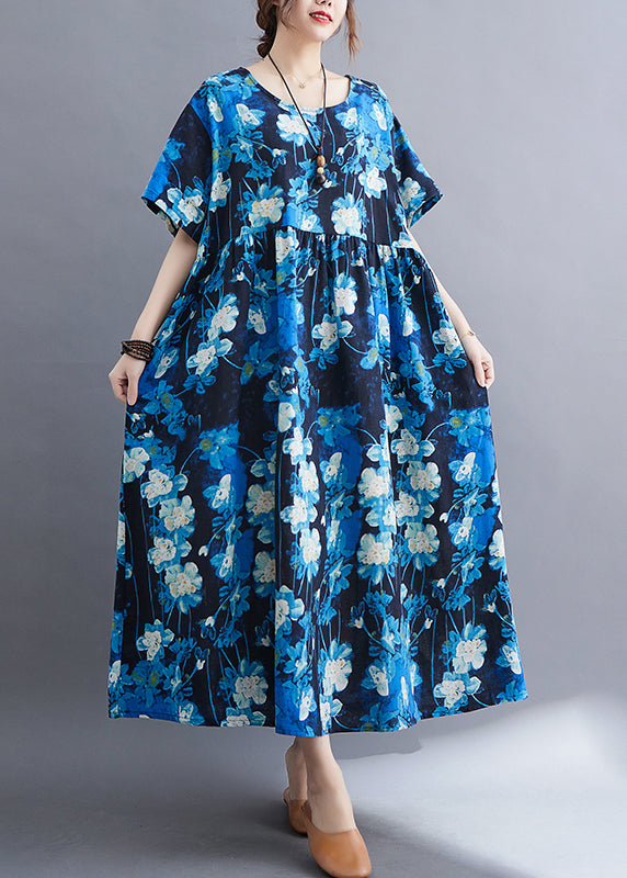 Blue Print Patchwork Vacation Maxi Dresses Short Sleeve