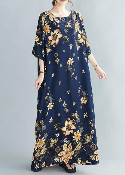 Blue Print Pockets Cotton Long Dresses Half Sleeve
